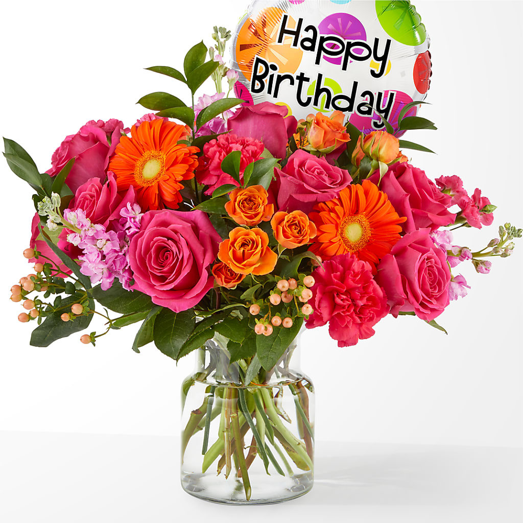 Fiesta Bouquet with Birthday Balloon – The Bay Window Llc, Garrettsville OH
