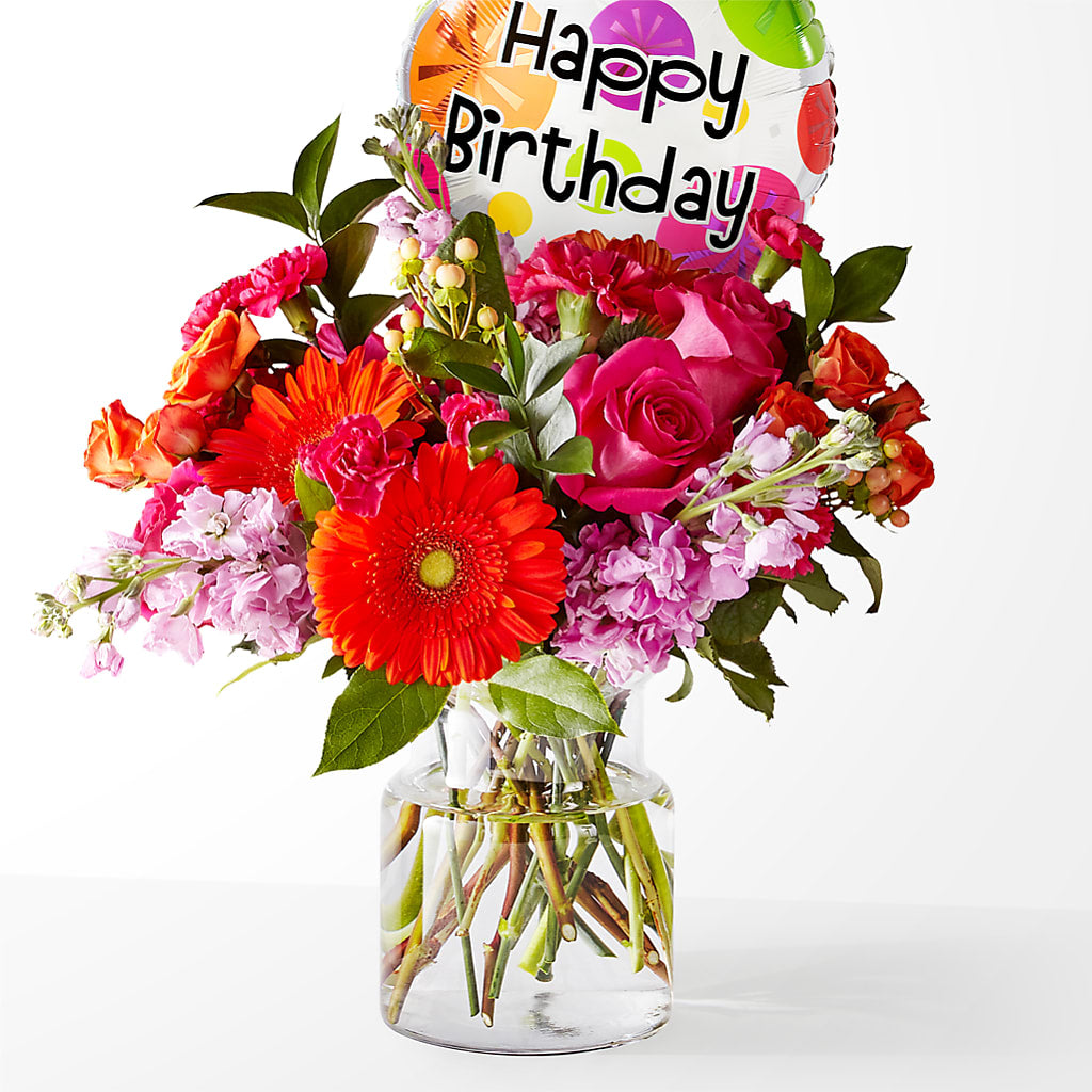Fiesta Bouquet with Birthday Balloon – The Bay Window Llc, Garrettsville OH