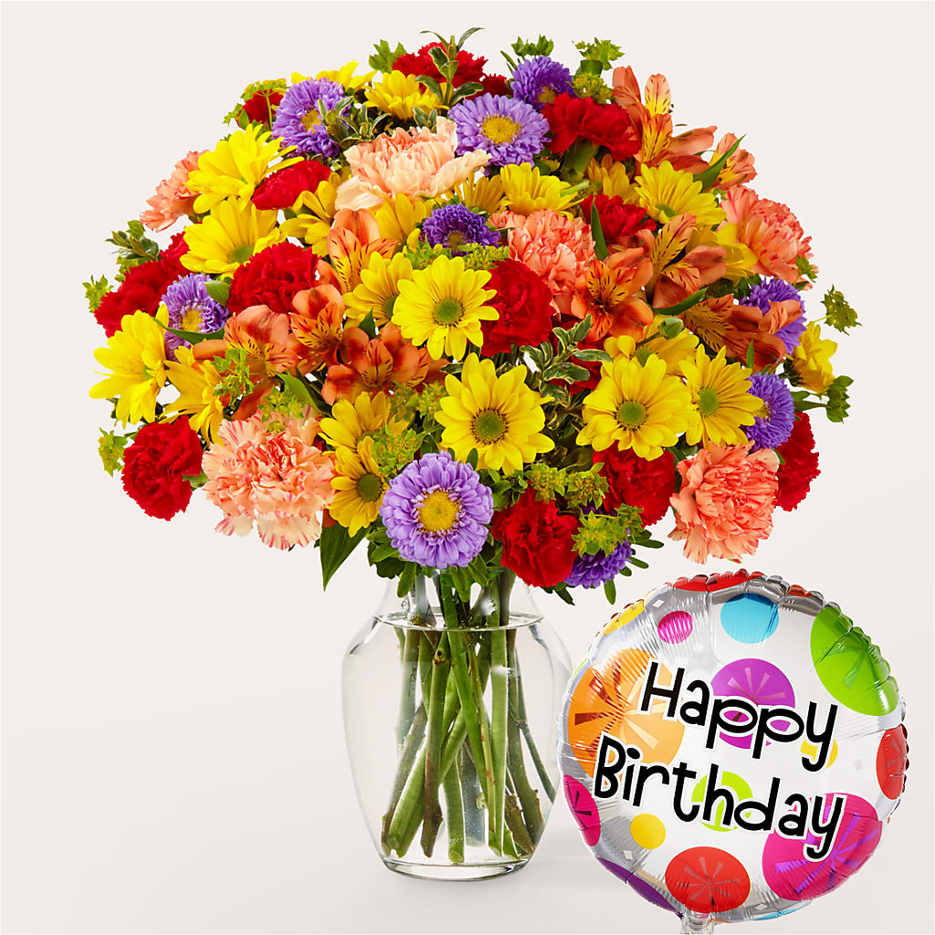 Kaleidoscope Bouquet with Birthday Balloon – The Bay Window Llc, Garrettsville OH
