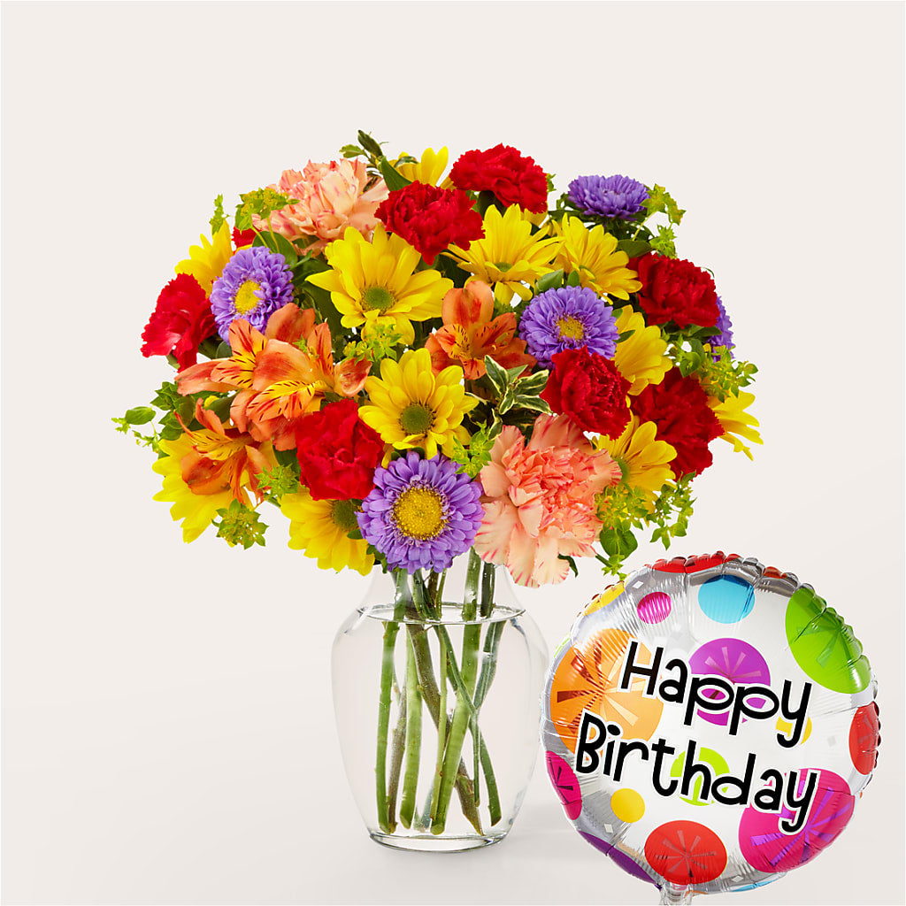 Kaleidoscope Bouquet with Birthday Balloon – The Bay Window Llc, Garrettsville OH