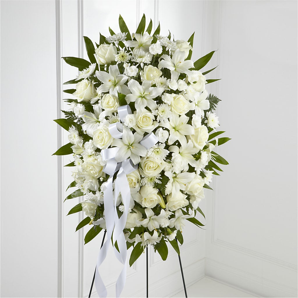Exquisite Tribute Standing Spray-White Ribbon – The Bay Window Llc, Garrettsville OH