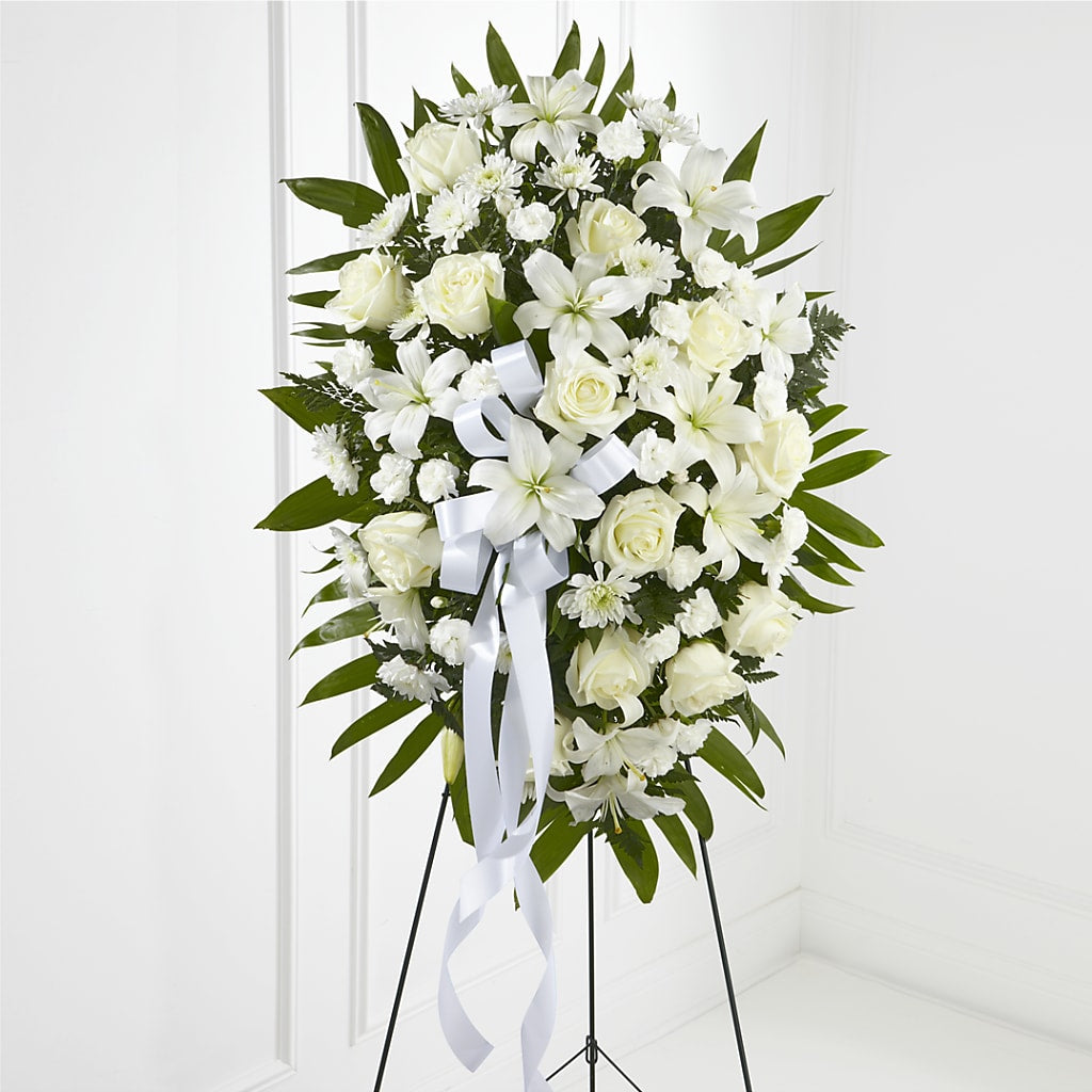 Exquisite Tribute Standing Spray-White Ribbon – The Bay Window Llc, Garrettsville OH