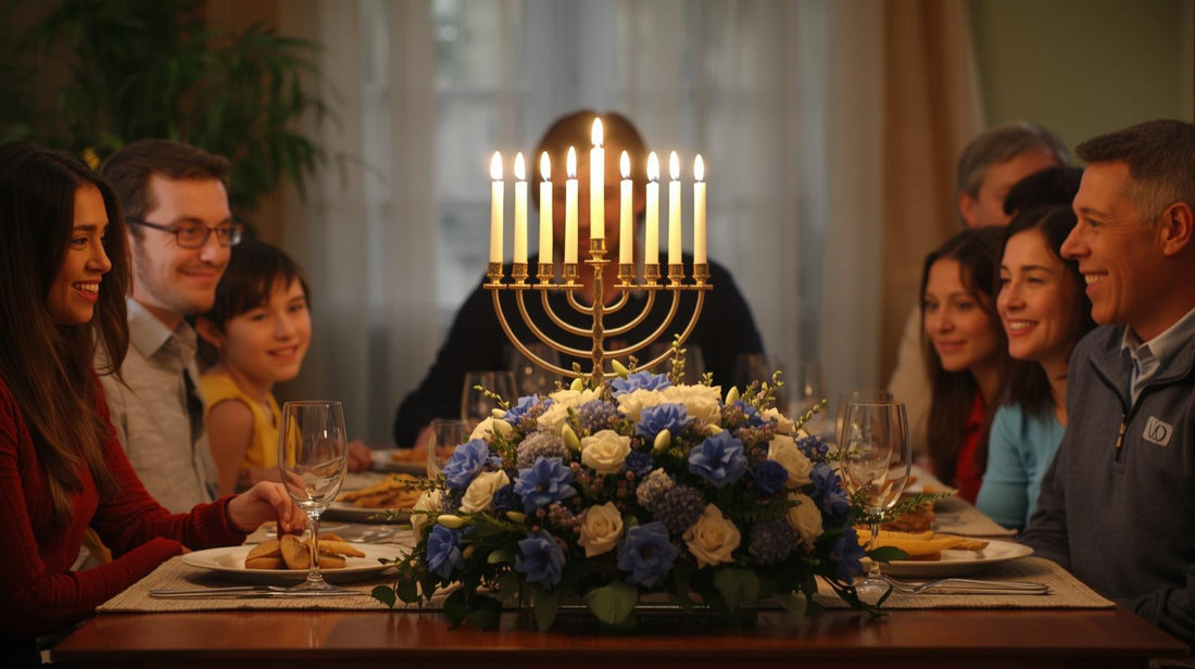 Blue and white floral centerpiece designed for Hanukkah celebrations with festive seasonal accents