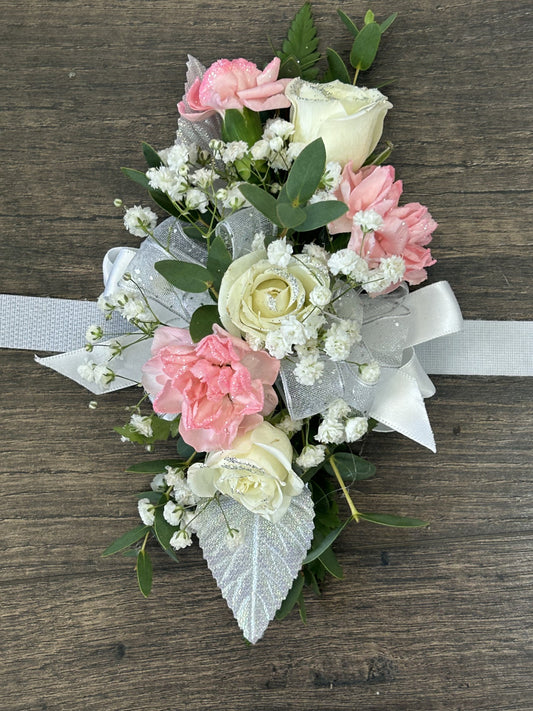 White miniature rose& pink miniature carnation wrist corsage