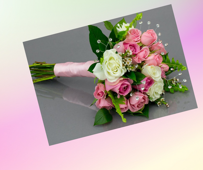 Pink & white rose, handtied bouquet (gems) Deluxe only